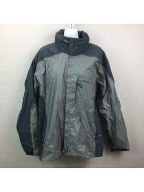 Marmot Mens Gray Blue Waterproof Hooded Jacket Hiking Rain Coat Size XL